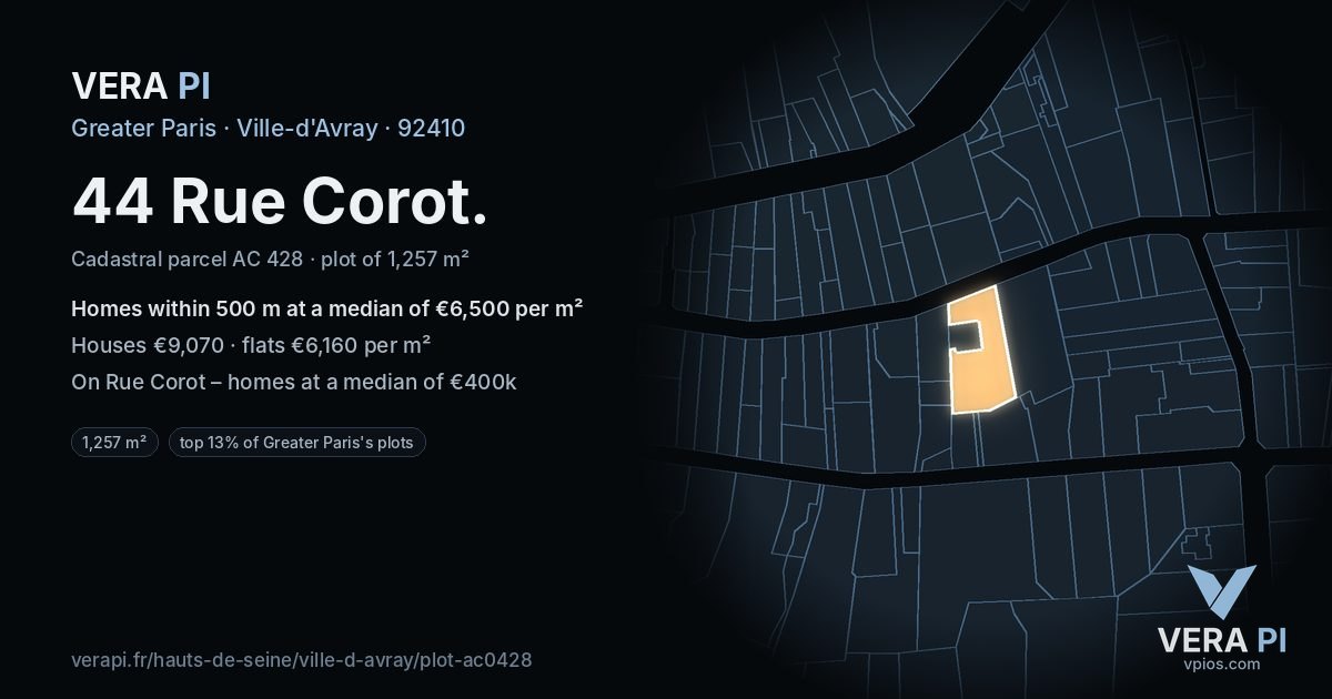 44 Rue Corot, Ville-d'Avray at night – the plot lit, the parcels around coloured by the prices near them