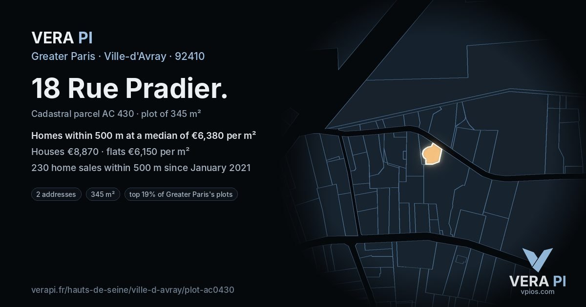 18 Rue Pradier, Ville-d'Avray at night – the plot lit, the parcels around coloured by the prices near them