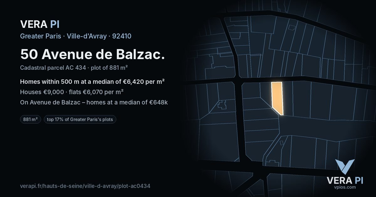 50 Avenue de Balzac, Ville-d'Avray at night – the plot lit, the parcels around coloured by the prices near them