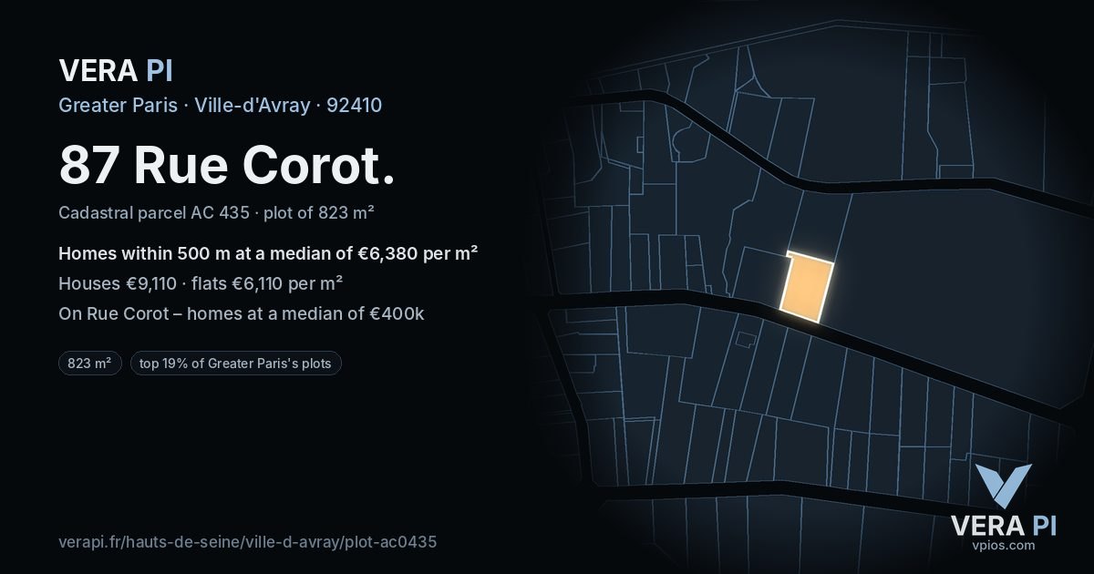 87 Rue Corot, Ville-d'Avray at night – the plot lit, the parcels around coloured by the prices near them
