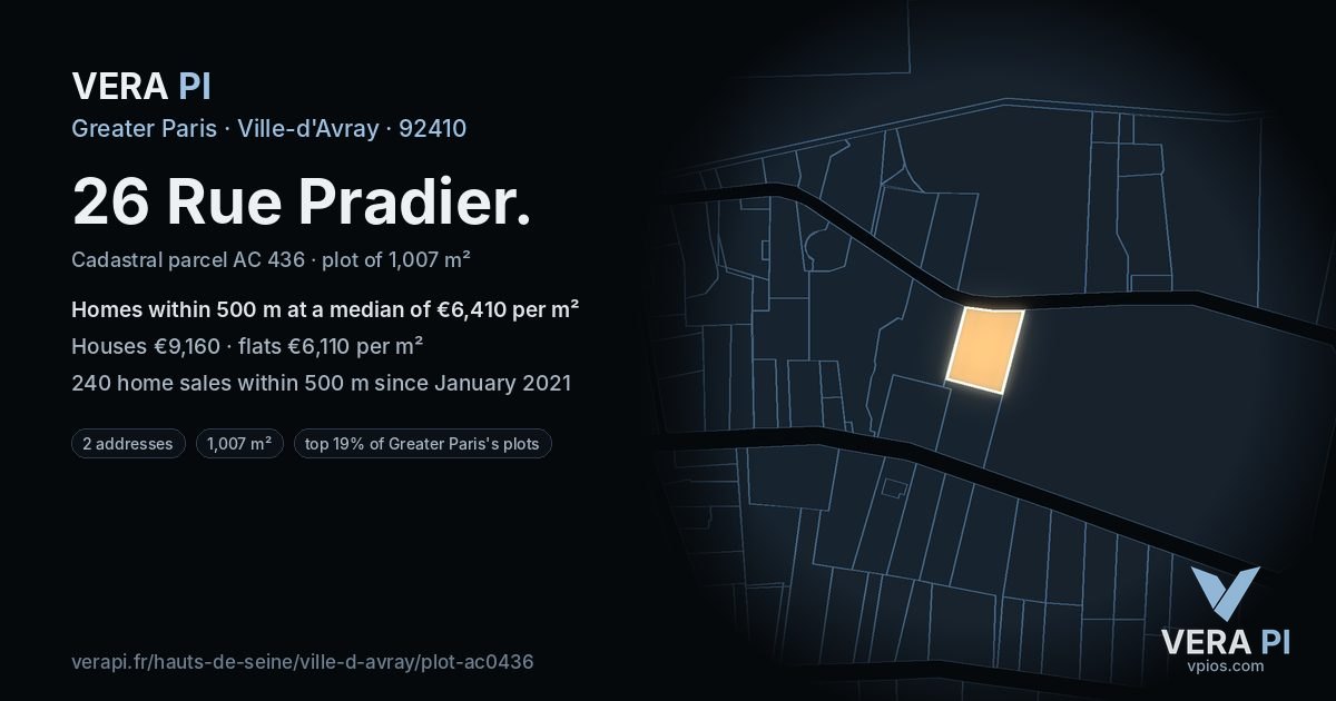 26 Rue Pradier, Ville-d'Avray at night – the plot lit, the parcels around coloured by the prices near them