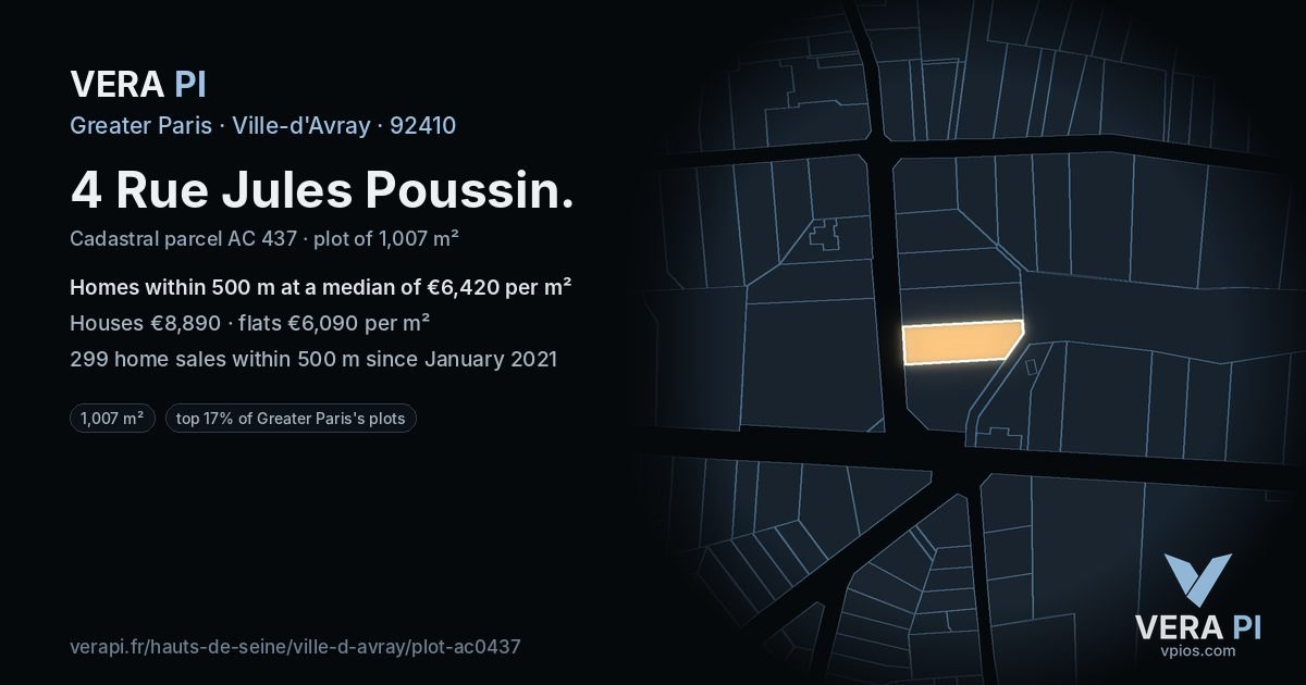 4 Rue Jules Poussin, Ville-d'Avray at night – the plot lit, the parcels around coloured by the prices near them