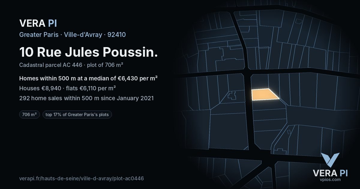 10 Rue Jules Poussin, Ville-d'Avray at night – the plot lit, the parcels around coloured by the prices near them