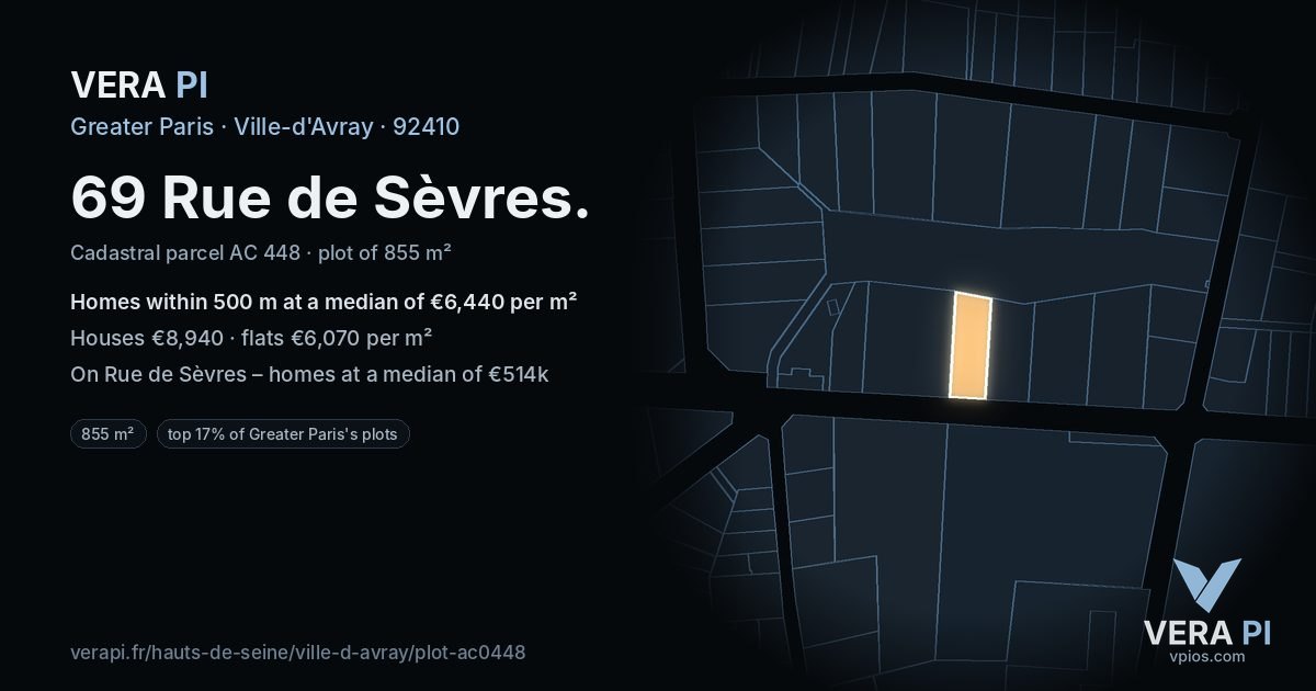 69 Rue de Sèvres, Ville-d'Avray at night – the plot lit, the parcels around coloured by the prices near them