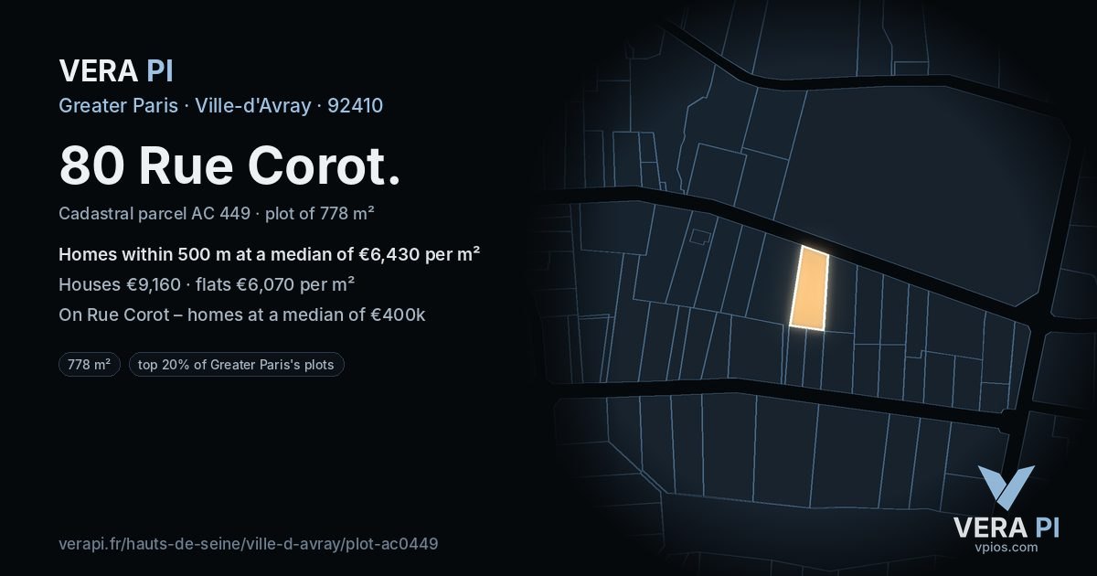 80 Rue Corot, Ville-d'Avray at night – the plot lit, the parcels around coloured by the prices near them