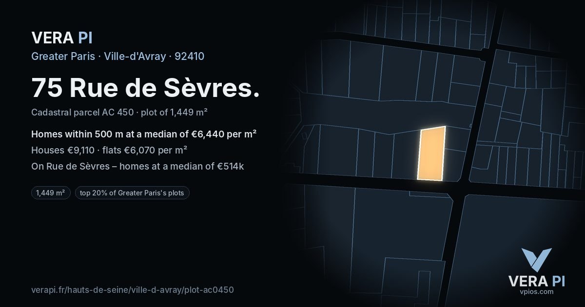 75 Rue de Sèvres, Ville-d'Avray at night – the plot lit, the parcels around coloured by the prices near them