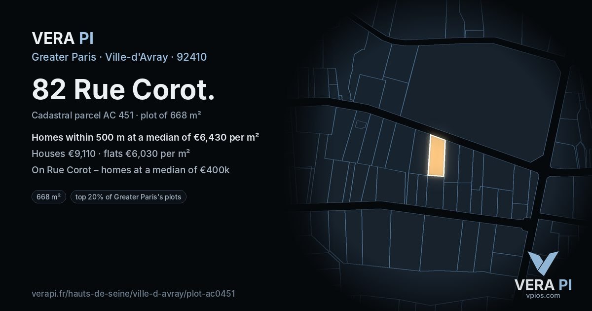 82 Rue Corot, Ville-d'Avray at night – the plot lit, the parcels around coloured by the prices near them