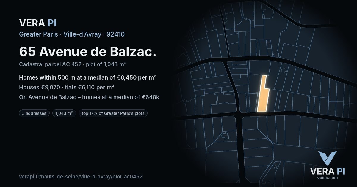 65 Avenue de Balzac, Ville-d'Avray at night – the plot lit, the parcels around coloured by the prices near them