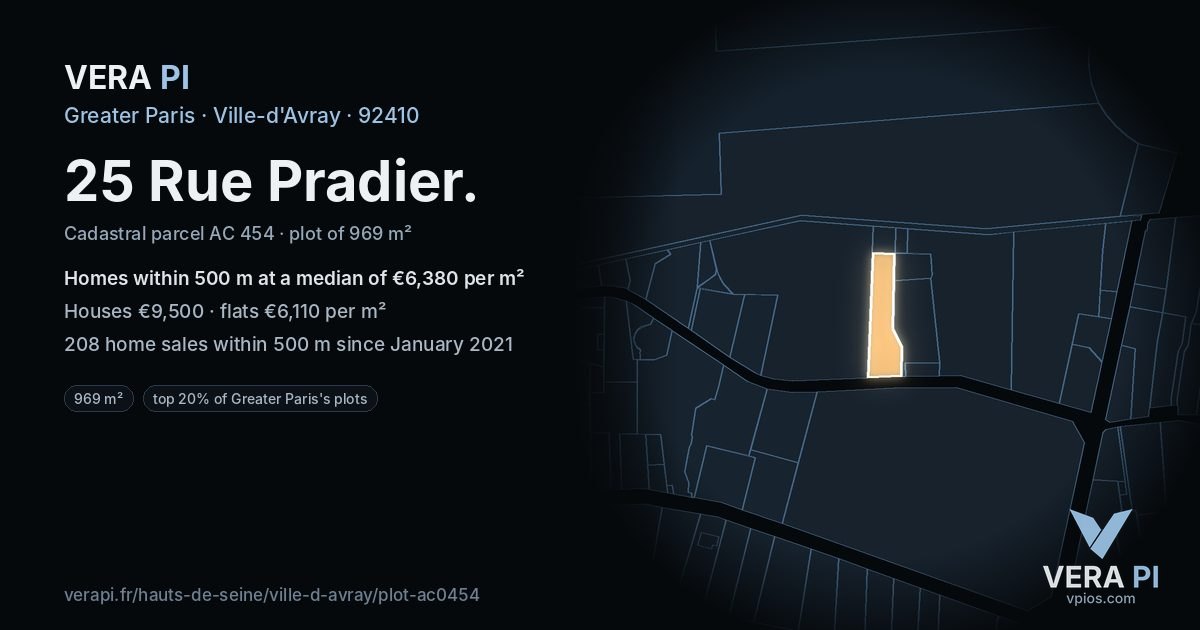 25 Rue Pradier, Ville-d'Avray at night – the plot lit, the parcels around coloured by the prices near them