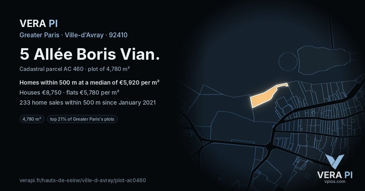 5 Allée Boris Vian, Ville-d'Avray at night – the plot lit, the parcels around coloured by the prices near them