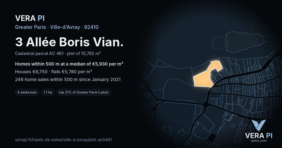 3 Allée Boris Vian, Ville-d'Avray at night – the plot lit, the parcels around coloured by the prices near them
