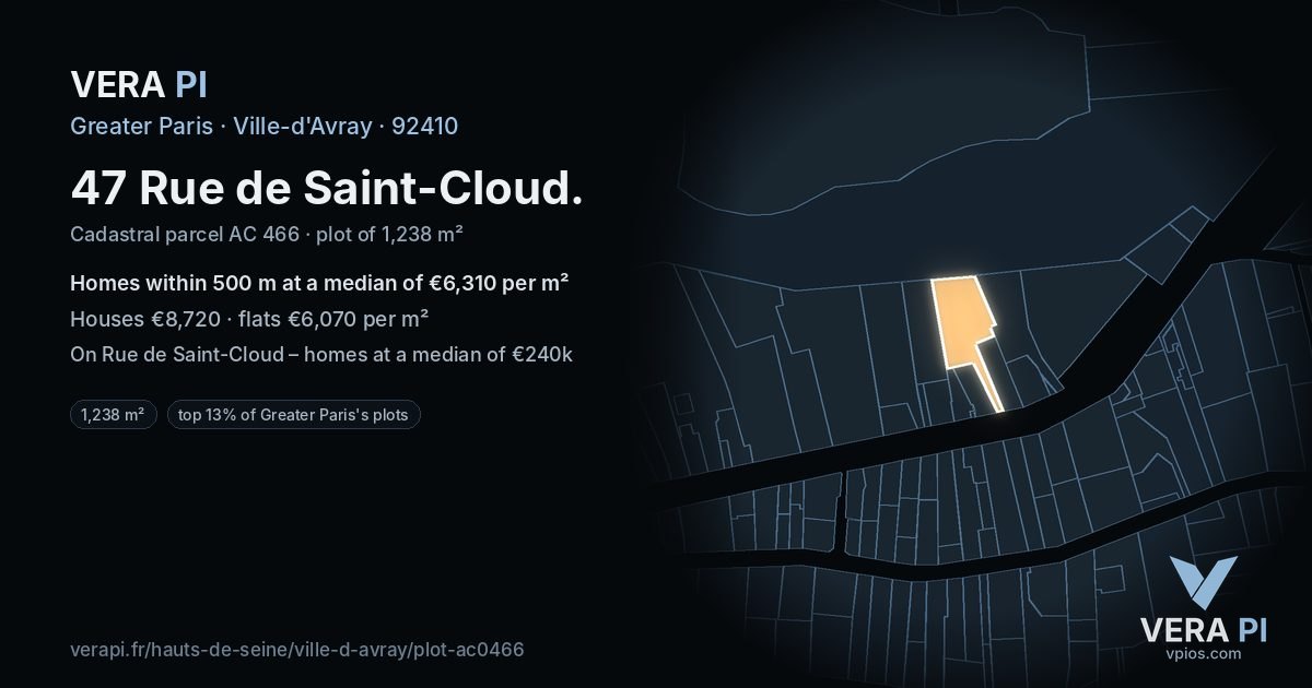 47 Rue de Saint-Cloud, Ville-d'Avray at night – the plot lit, the parcels around coloured by the prices near them