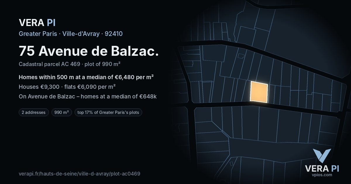 75 Avenue de Balzac, Ville-d'Avray at night – the plot lit, the parcels around coloured by the prices near them