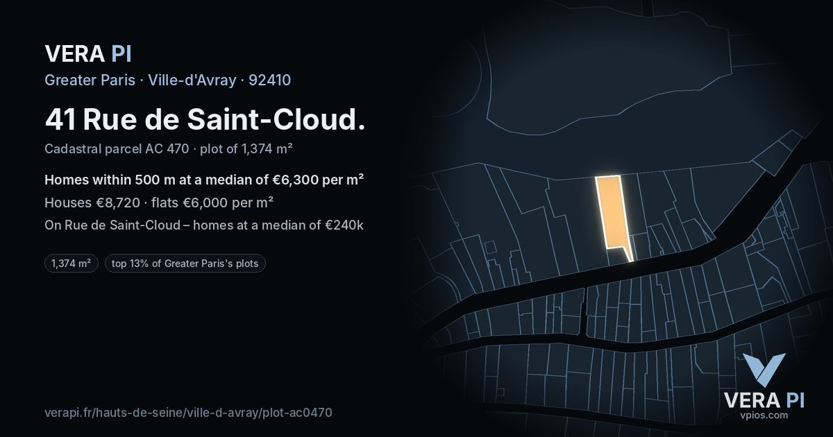41 Rue de Saint-Cloud, Ville-d'Avray at night – the plot lit, the parcels around coloured by the prices near them