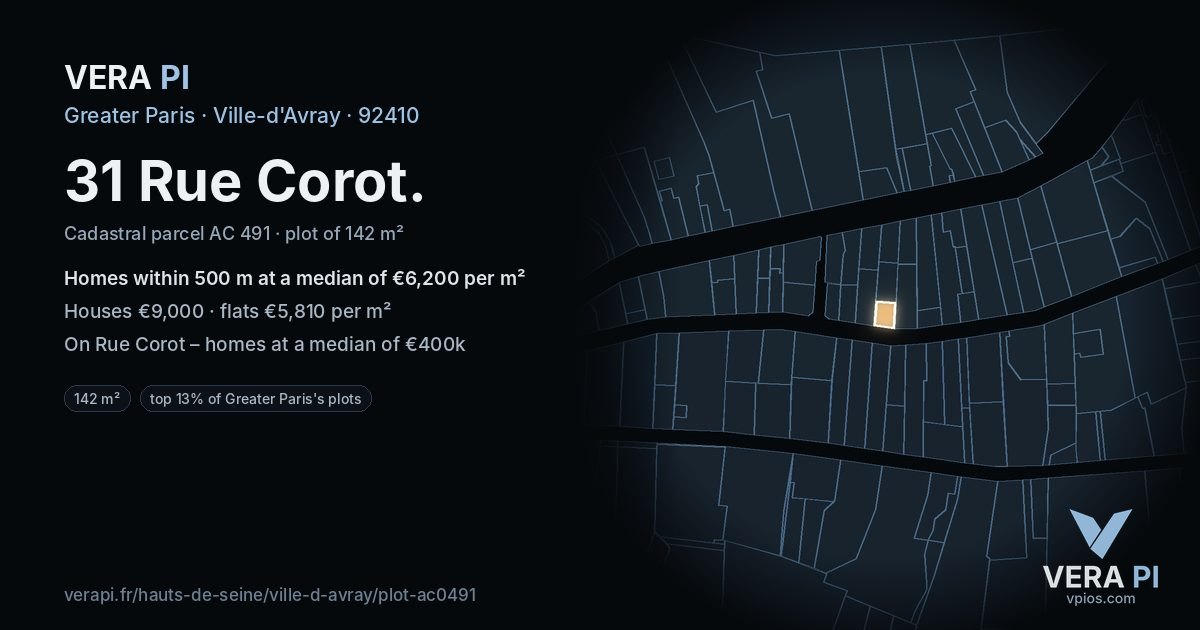 31 Rue Corot, Ville-d'Avray at night – the plot lit, the parcels around coloured by the prices near them