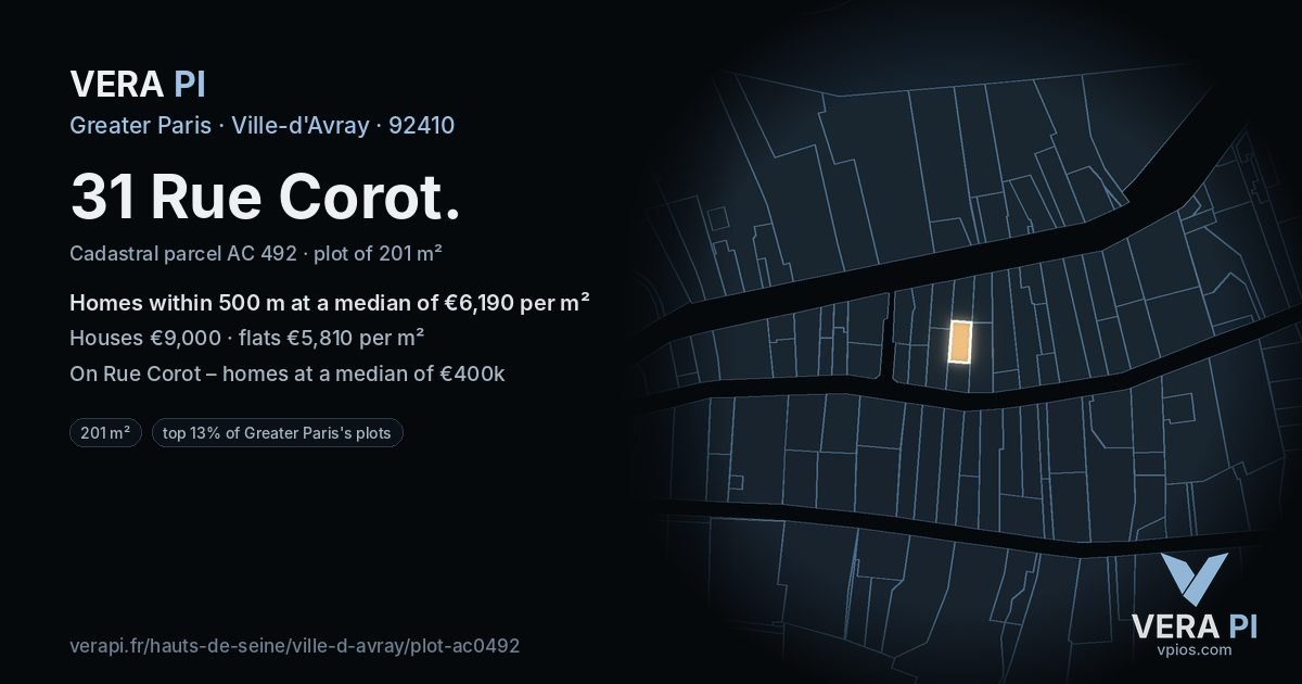 31 Rue Corot, Ville-d'Avray at night – the plot lit, the parcels around coloured by the prices near them
