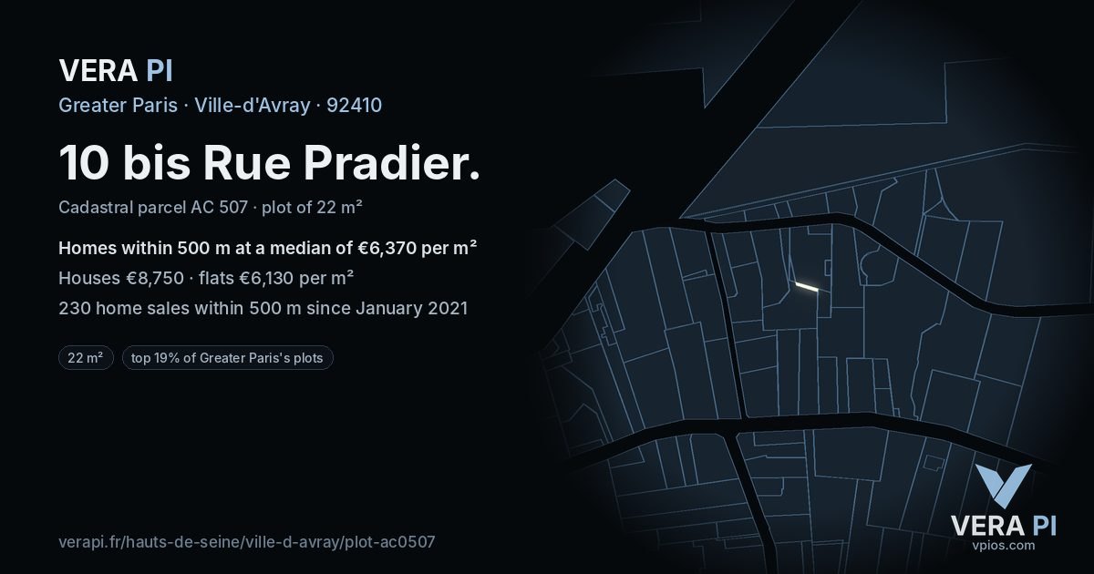 10 bis Rue Pradier, Ville-d'Avray at night – the plot lit, the parcels around coloured by the prices near them