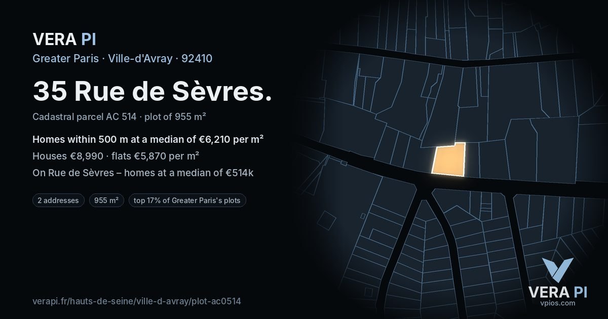 35 Rue de Sèvres, Ville-d'Avray at night – the plot lit, the parcels around coloured by the prices near them