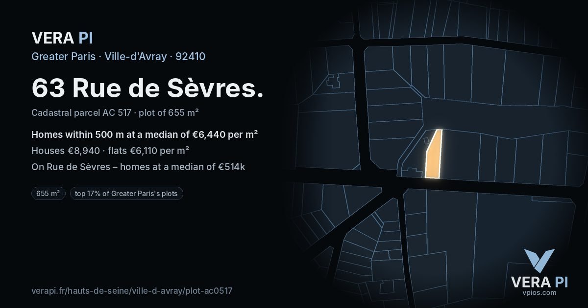63 Rue de Sèvres, Ville-d'Avray at night – the plot lit, the parcels around coloured by the prices near them