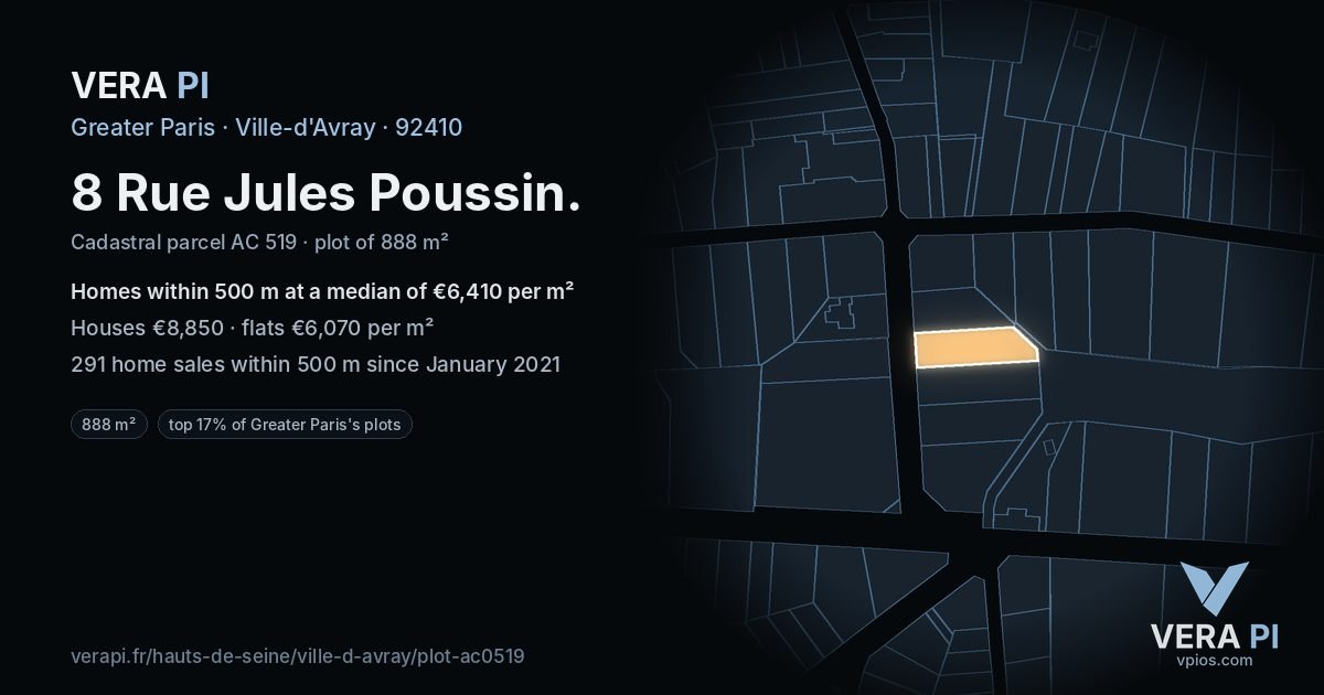 8 Rue Jules Poussin, Ville-d'Avray at night – the plot lit, the parcels around coloured by the prices near them