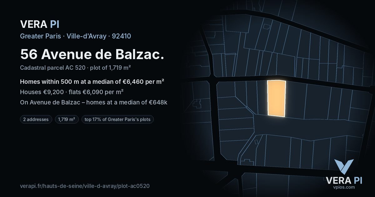 56 Avenue de Balzac, Ville-d'Avray at night – the plot lit, the parcels around coloured by the prices near them
