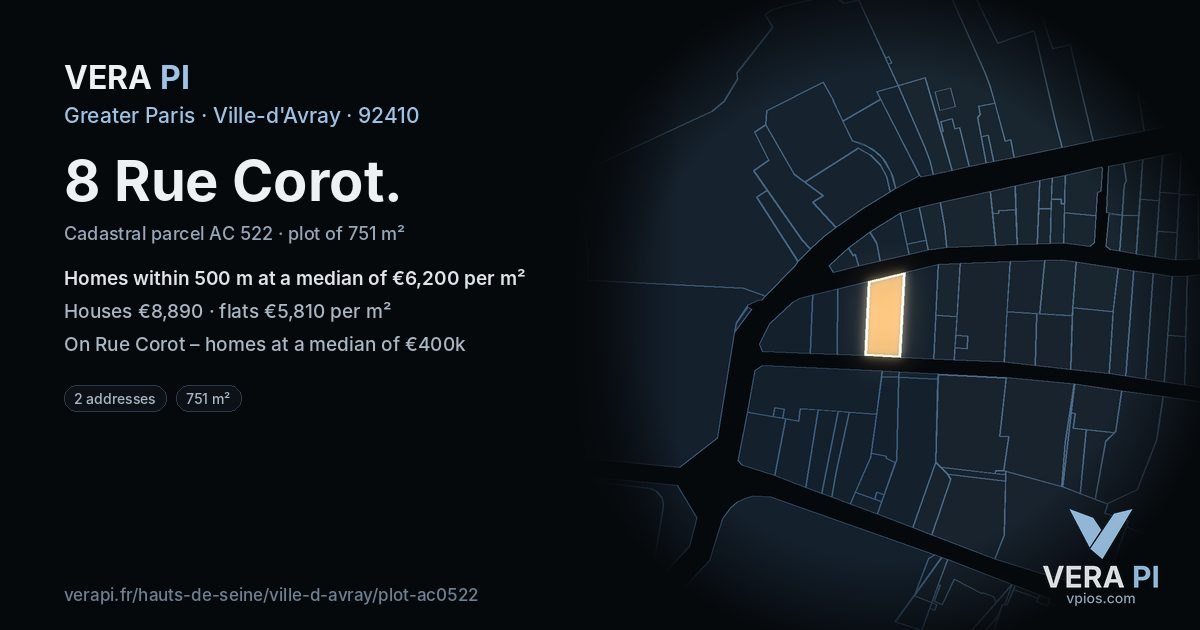 8 Rue Corot, Ville-d'Avray at night – the plot lit, the parcels around coloured by the prices near them