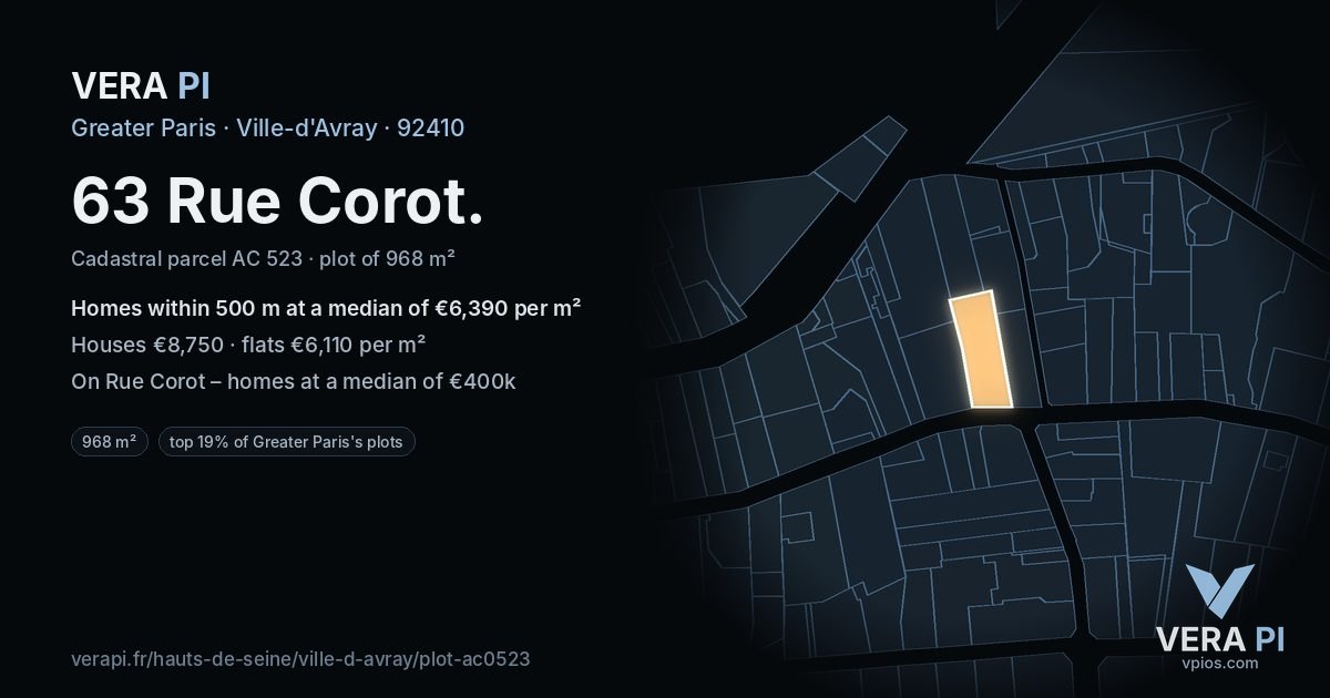 63 Rue Corot, Ville-d'Avray at night – the plot lit, the parcels around coloured by the prices near them