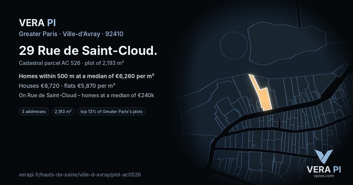 29 Rue de Saint-Cloud, Ville-d'Avray at night – the plot lit, the parcels around coloured by the prices near them