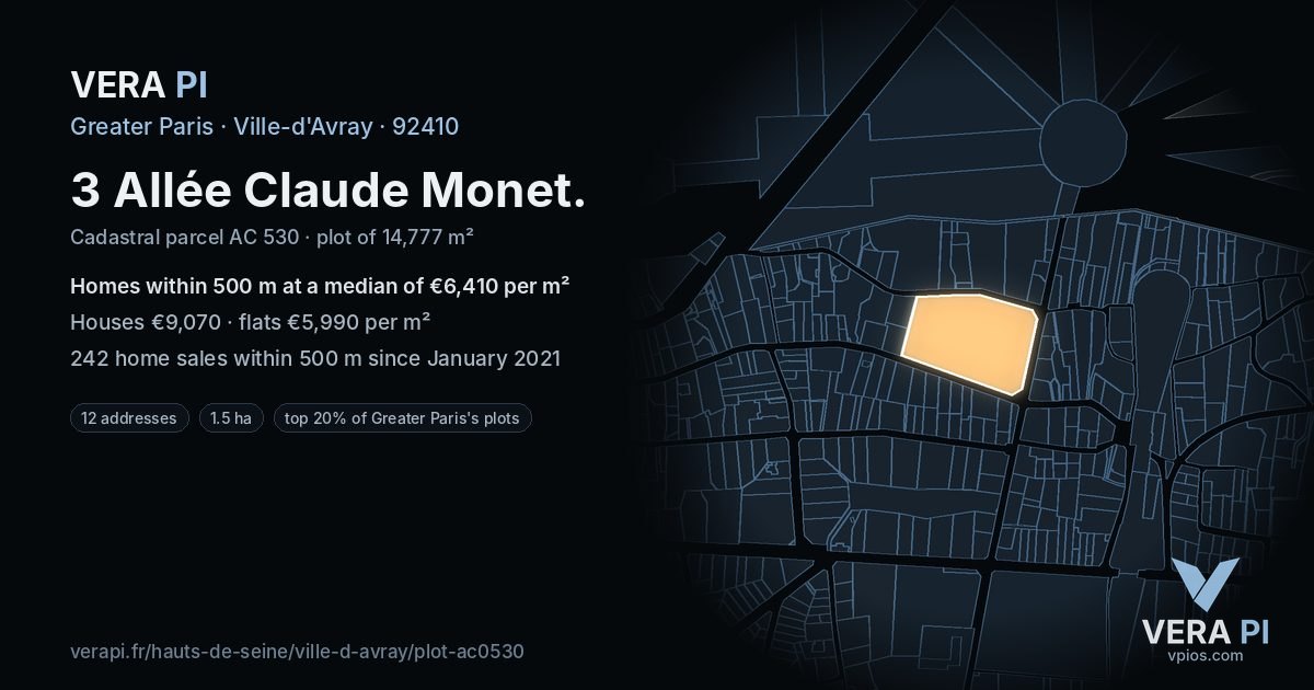 3 Allée Claude Monet, Ville-d'Avray at night – the plot lit, the parcels around coloured by the prices near them