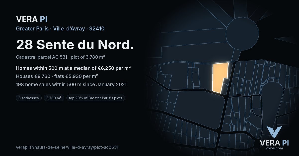 28 Sente du Nord, Ville-d'Avray at night – the plot lit, the parcels around coloured by the prices near them