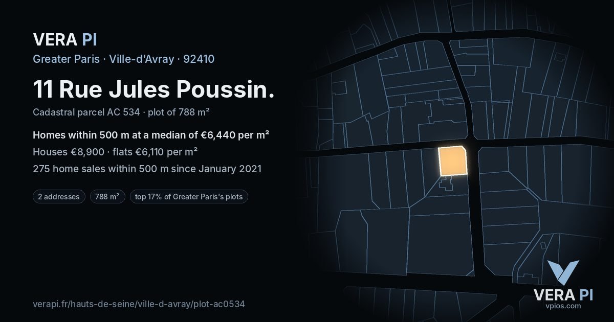 11 Rue Jules Poussin, Ville-d'Avray at night – the plot lit, the parcels around coloured by the prices near them