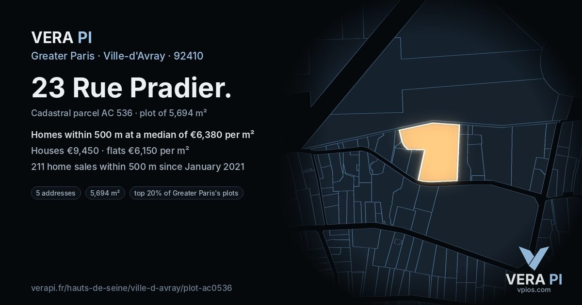 23 Rue Pradier, Ville-d'Avray at night – the plot lit, the parcels around coloured by the prices near them