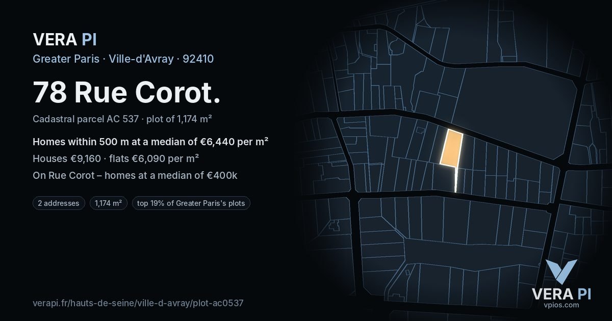 78 Rue Corot, Ville-d'Avray at night – the plot lit, the parcels around coloured by the prices near them