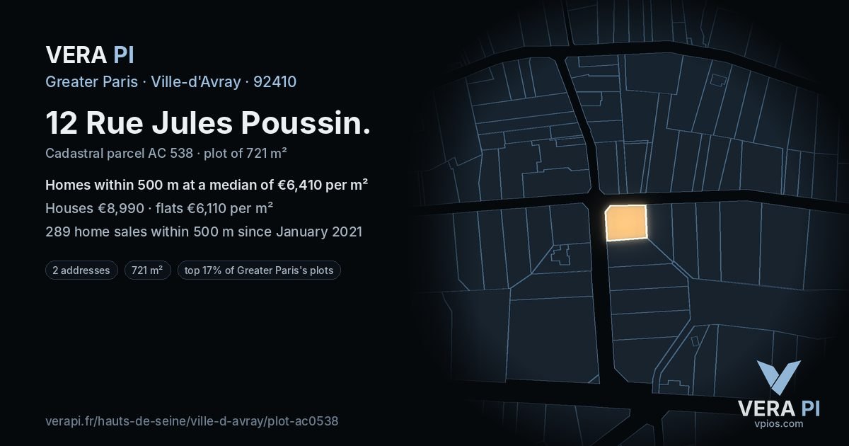 12 Rue Jules Poussin, Ville-d'Avray at night – the plot lit, the parcels around coloured by the prices near them