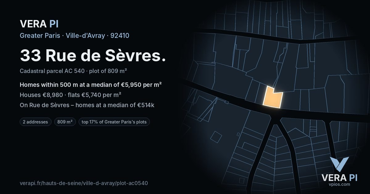 33 Rue de Sèvres, Ville-d'Avray at night – the plot lit, the parcels around coloured by the prices near them
