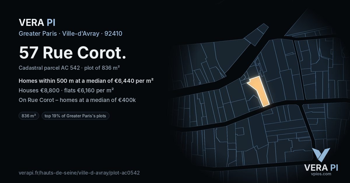 57 Rue Corot, Ville-d'Avray at night – the plot lit, the parcels around coloured by the prices near them