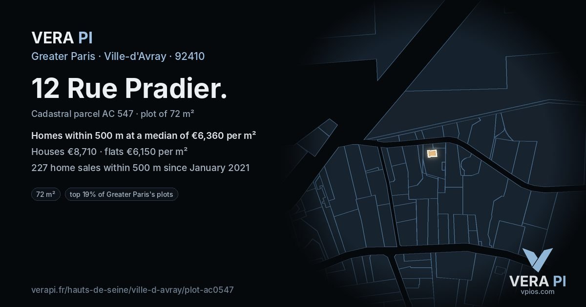 12 Rue Pradier, Ville-d'Avray at night – the plot lit, the parcels around coloured by the prices near them