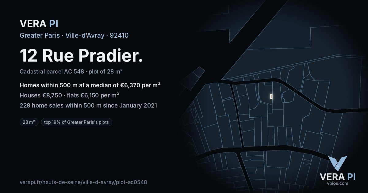 12 Rue Pradier, Ville-d'Avray at night – the plot lit, the parcels around coloured by the prices near them