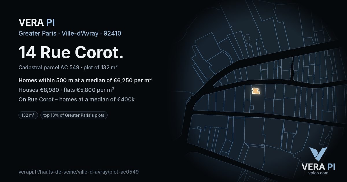 14 Rue Corot, Ville-d'Avray at night – the plot lit, the parcels around coloured by the prices near them