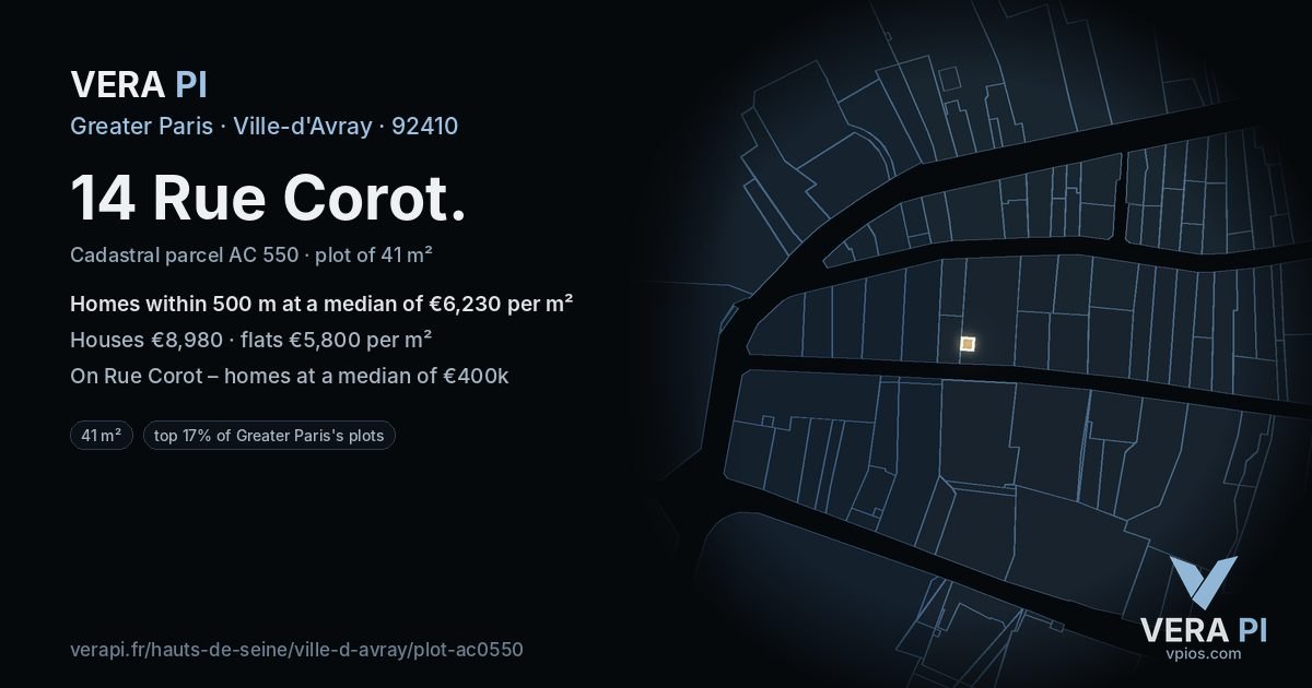 14 Rue Corot, Ville-d'Avray at night – the plot lit, the parcels around coloured by the prices near them