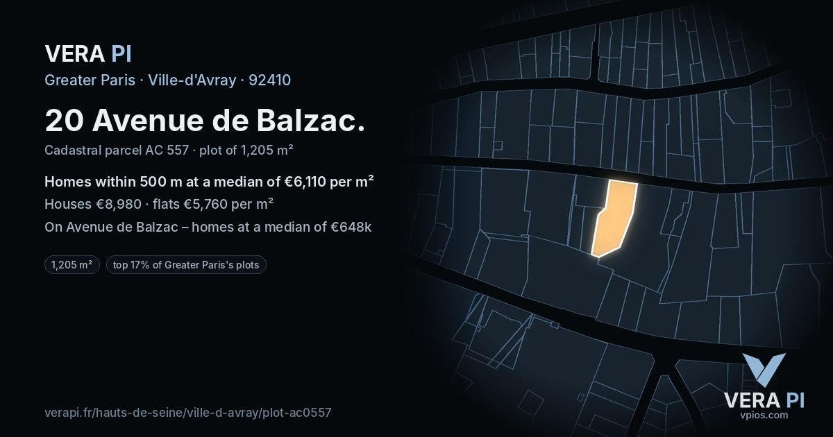 20 Avenue de Balzac, Ville-d'Avray at night – the plot lit, the parcels around coloured by the prices near them