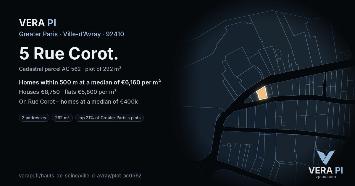 5 Rue Corot, Ville-d'Avray at night – the plot lit, the parcels around coloured by the prices near them