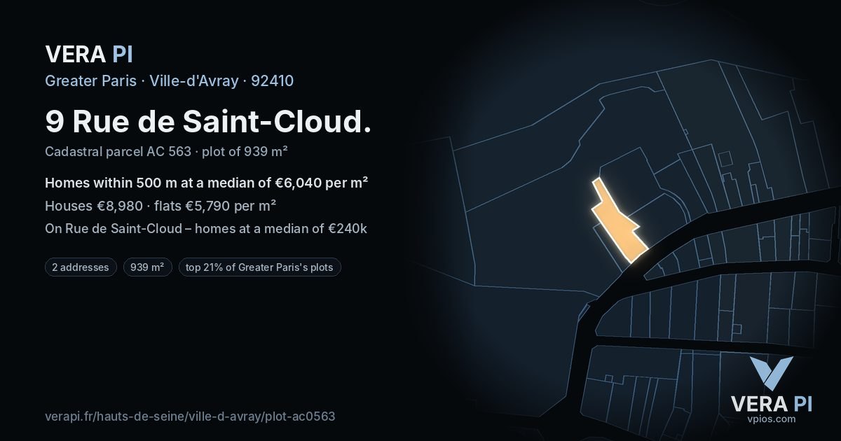 9 Rue de Saint-Cloud, Ville-d'Avray at night – the plot lit, the parcels around coloured by the prices near them