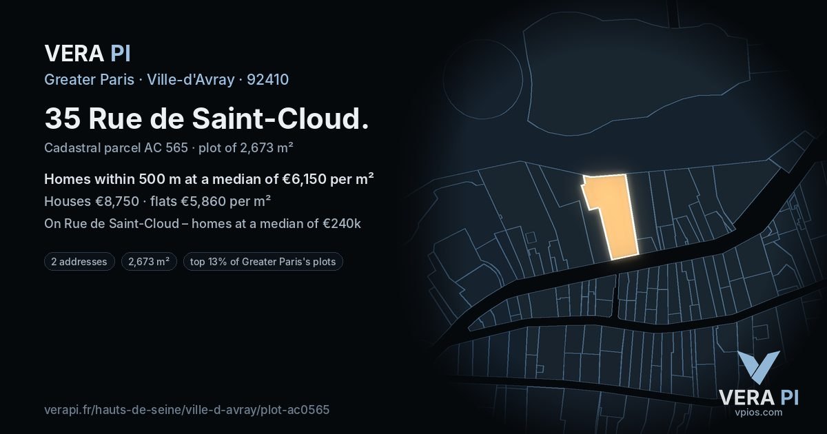 35 Rue de Saint-Cloud, Ville-d'Avray at night – the plot lit, the parcels around coloured by the prices near them