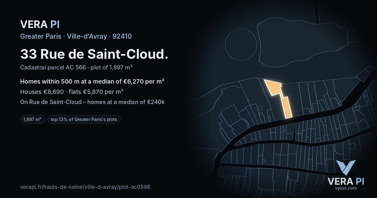 33 Rue de Saint-Cloud, Ville-d'Avray at night – the plot lit, the parcels around coloured by the prices near them