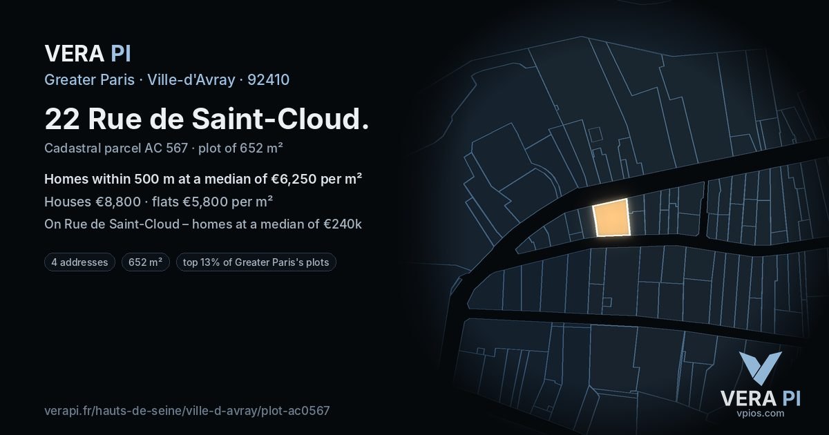 22 Rue de Saint-Cloud, Ville-d'Avray at night – the plot lit, the parcels around coloured by the prices near them