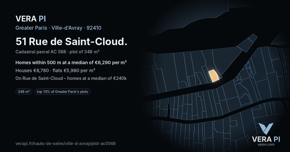 51 Rue de Saint-Cloud, Ville-d'Avray at night – the plot lit, the parcels around coloured by the prices near them