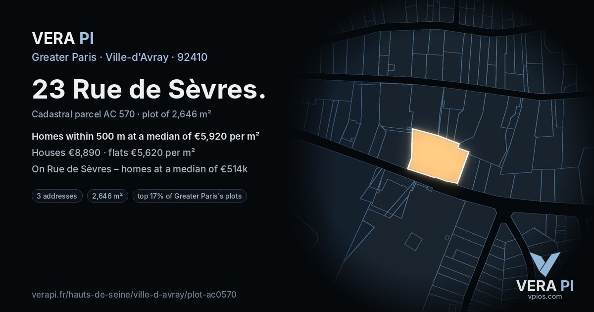 23 Rue de Sèvres, Ville-d'Avray at night – the plot lit, the parcels around coloured by the prices near them