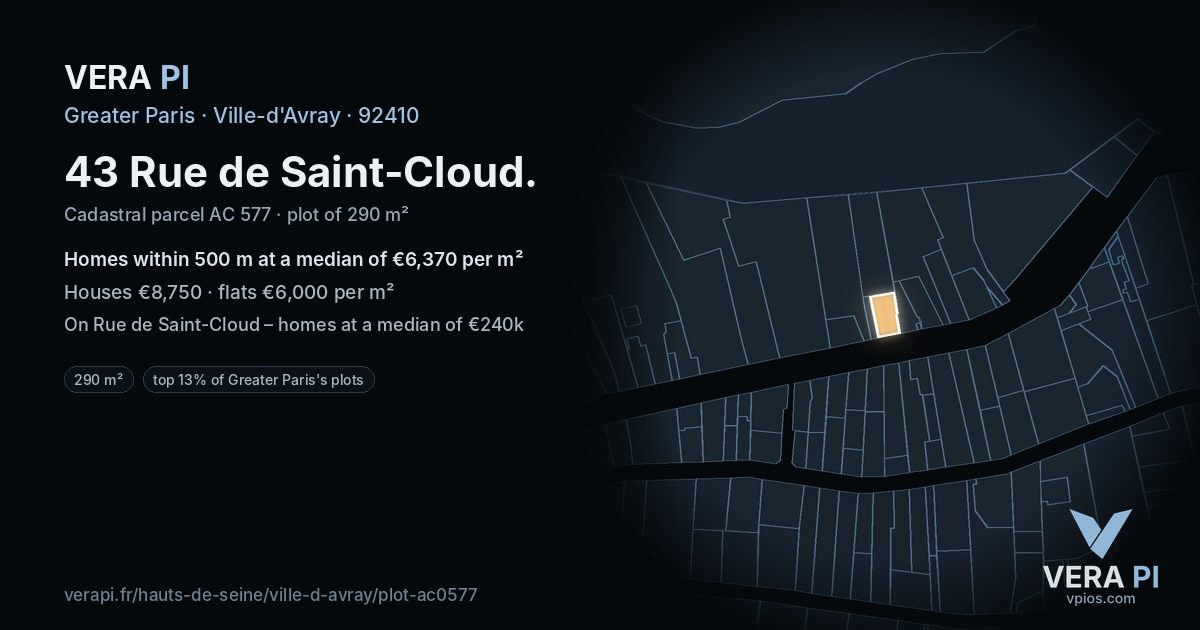 43 Rue de Saint-Cloud, Ville-d'Avray at night – the plot lit, the parcels around coloured by the prices near them