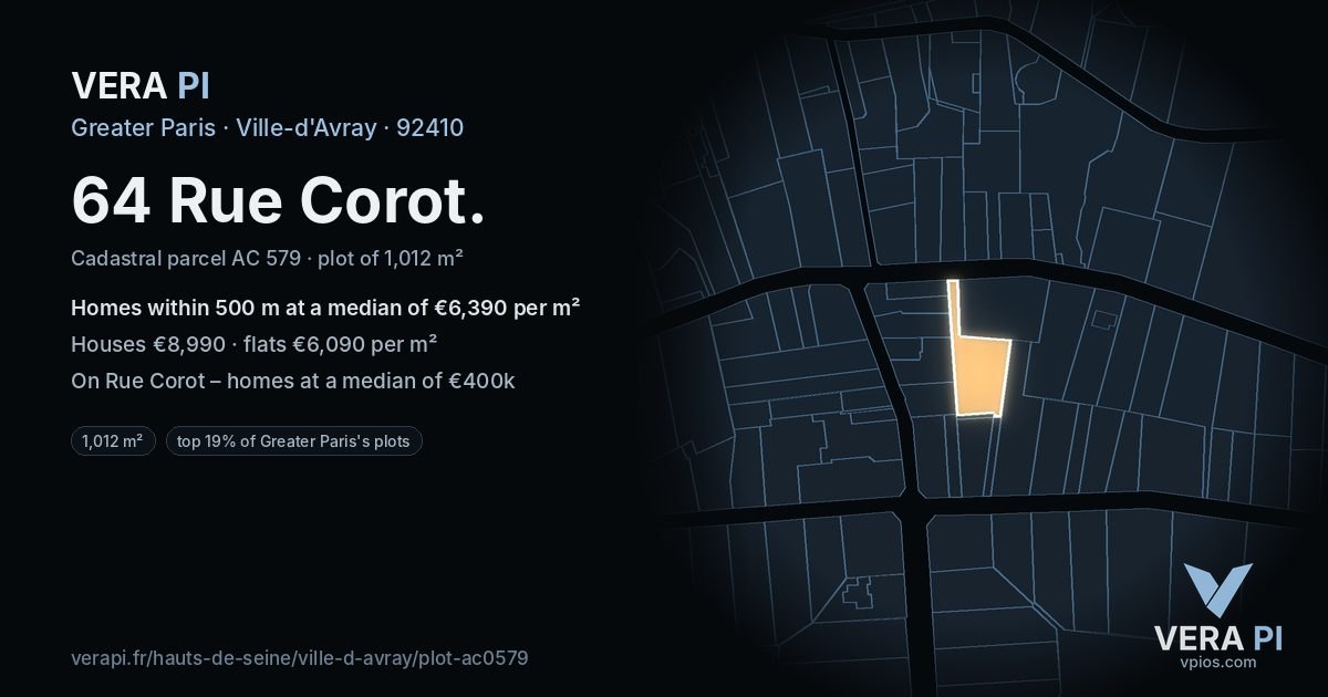 64 Rue Corot, Ville-d'Avray at night – the plot lit, the parcels around coloured by the prices near them